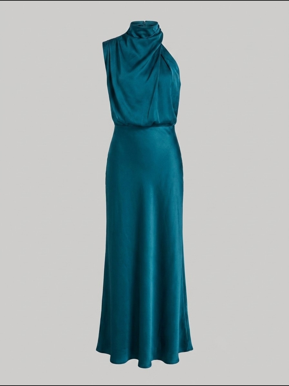 Teal Satin High-Neck Sleeveless Maxi Dress
